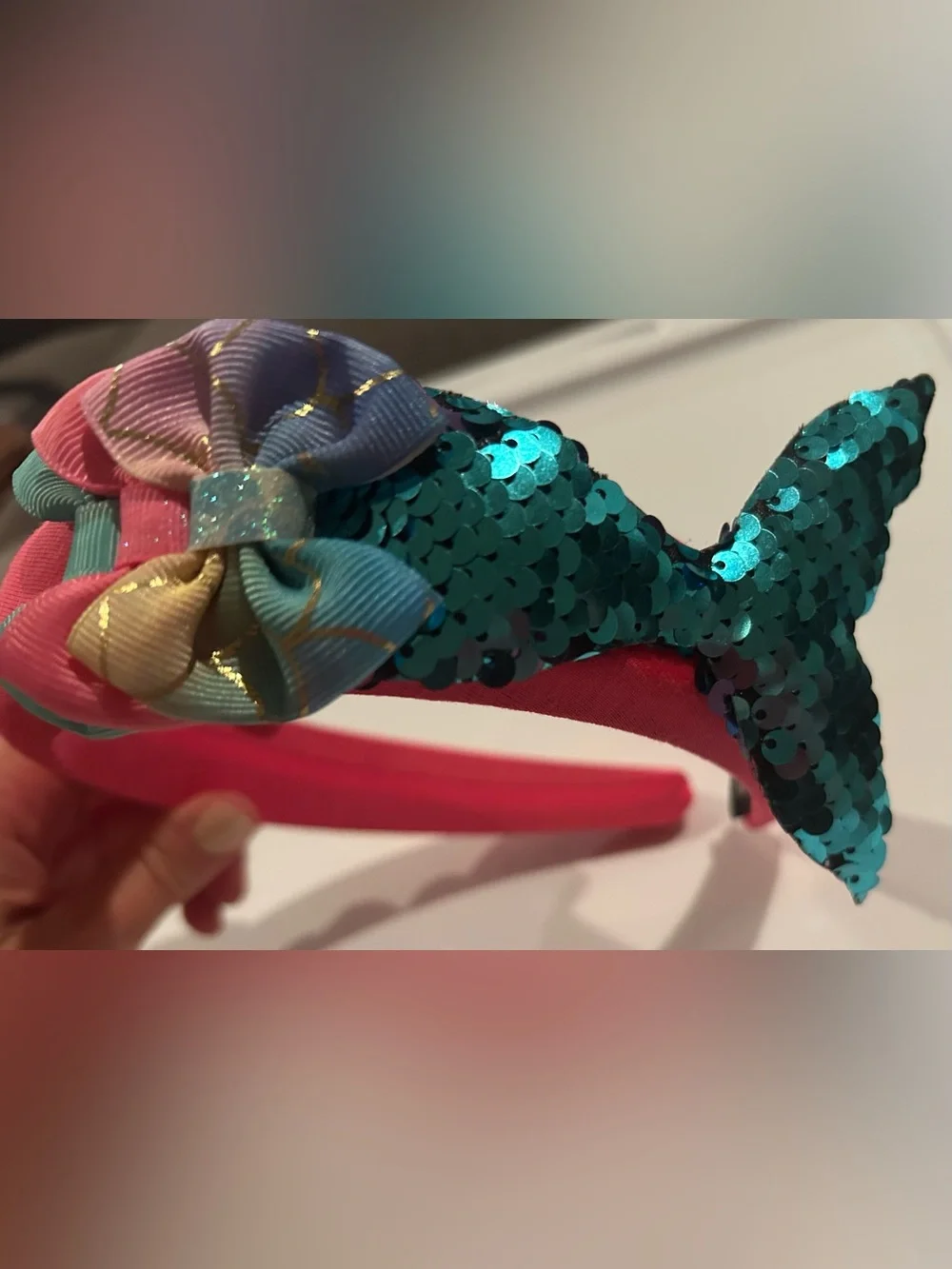 Handmade Girls Sequin Mermaid Tail & Bow Headband Pink